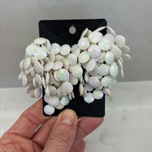 Vintage Iridescent White Plastic Disc Beads Clip On Backing Statement Earrings